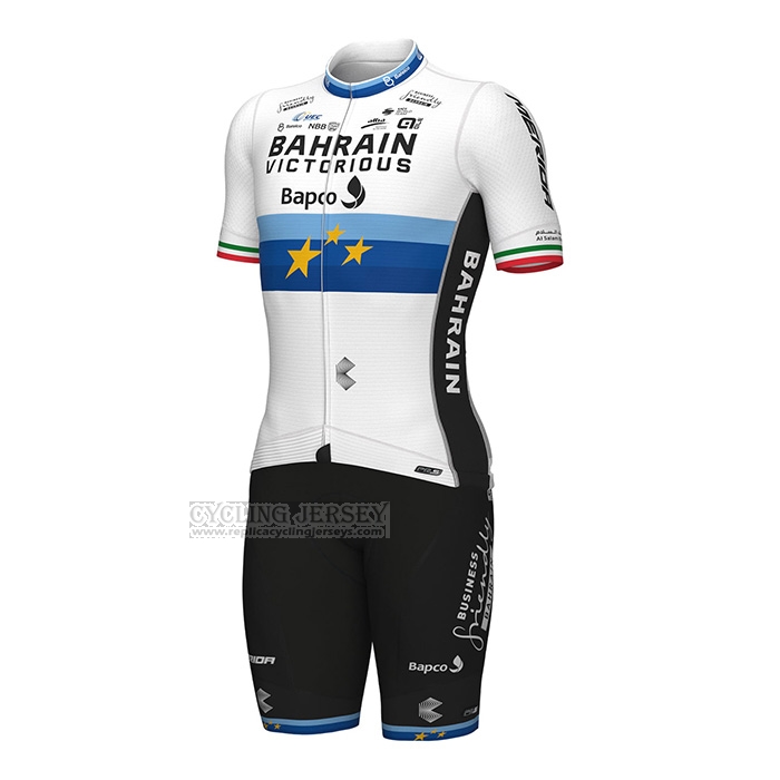 2022 Cycling Jersey European Champion Bahrain Victorious Blue White Short Sleeve and Bib Short